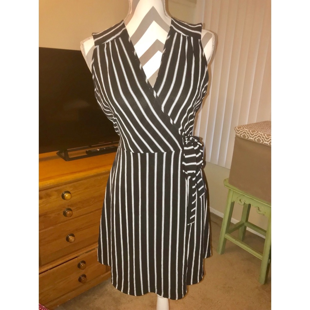 Black with white stripes knee length dress